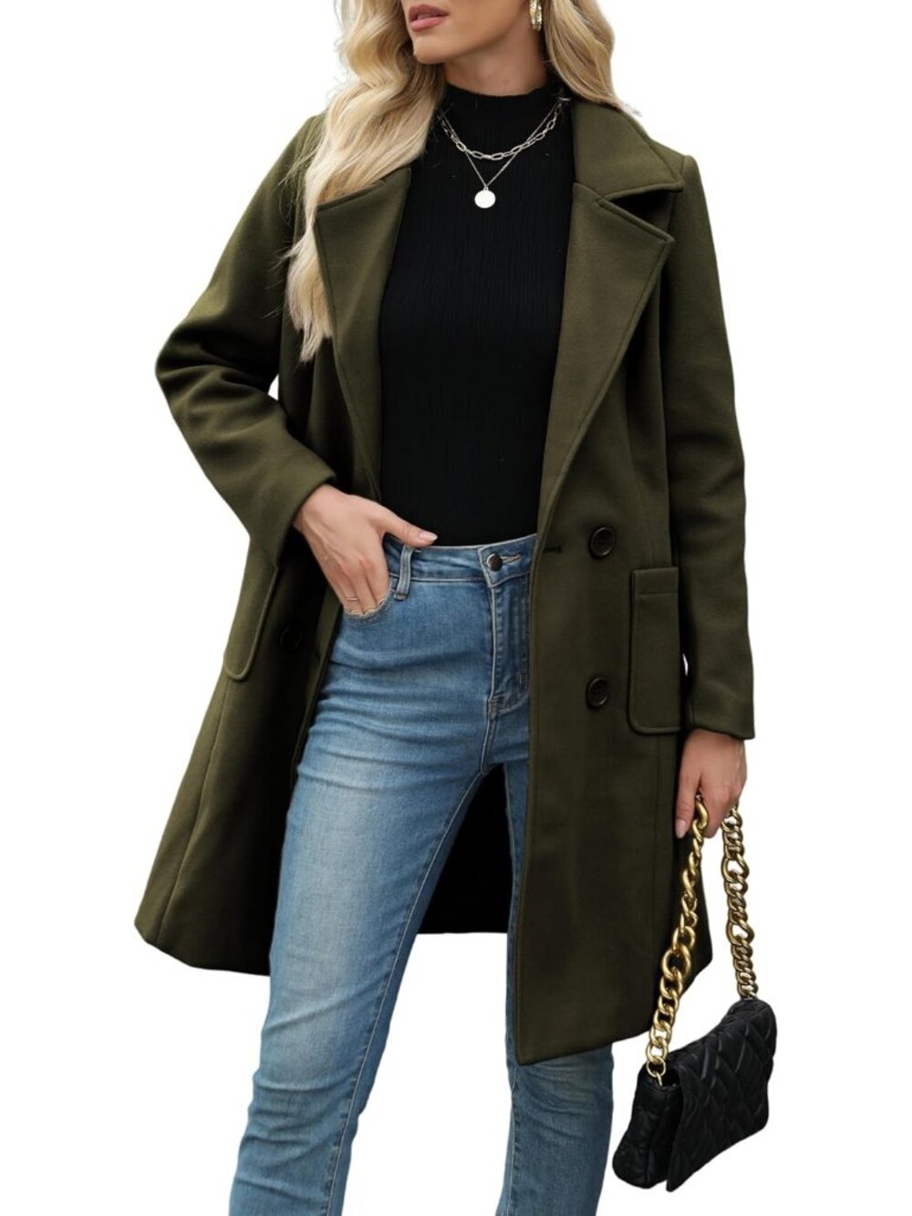 Womens Army Green Chic Wool Blend Mid-Long Notch Double-Breasted Trench Pea Coat